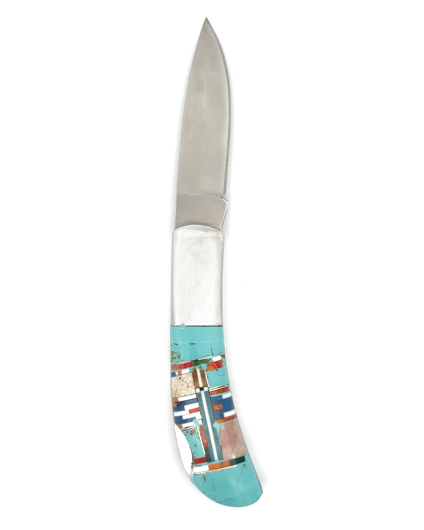 
                  
                    The Intricate Inlay Southwest Pocket Knife is a folding knife featuring a stainless steel blade and a handle decorated with turquoise inlay, exhibiting a vibrant geometric design in the traditional Southwest style.
                  
                