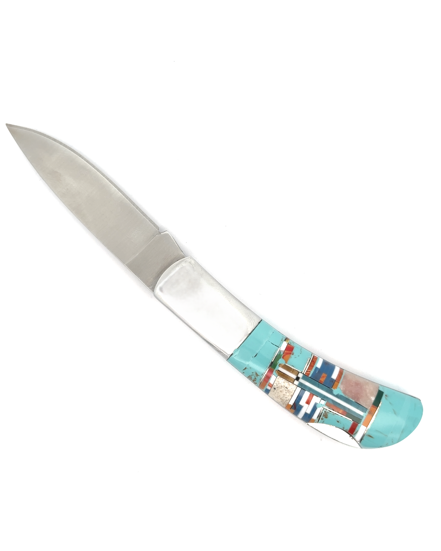 
                  
                    Explore the Intricate Inlay Southwest Pocket Knife, a handcrafted piece boasting a polished metal blade and a vibrant handle adorned with turquoise inlay, perfectly capturing the essence of Southwest style.
                  
                