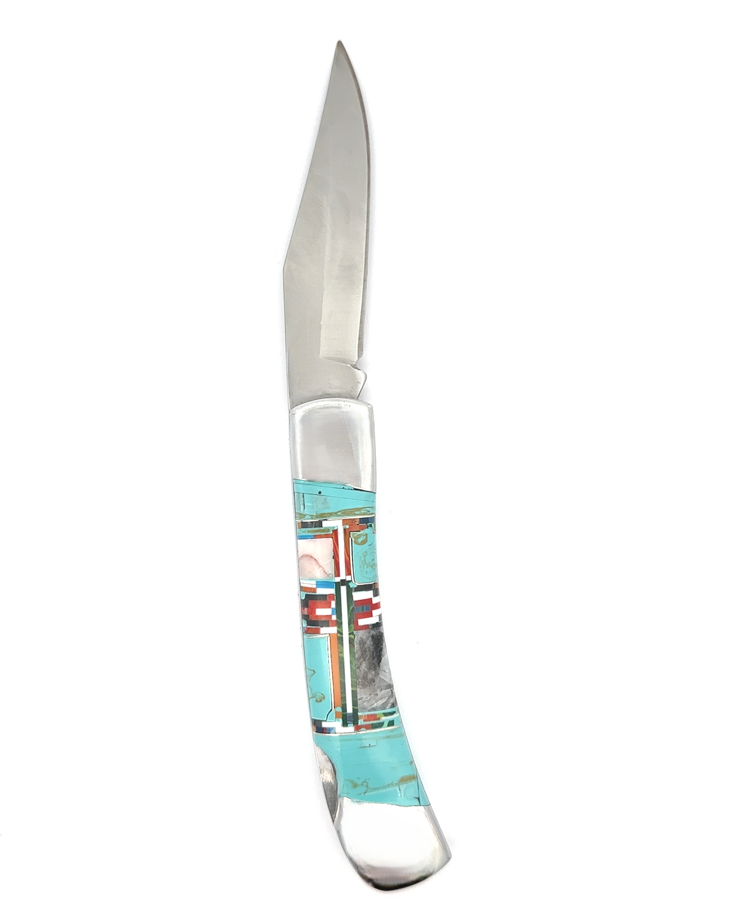 
                  
                    The Intricate Inlay Southwest Pocket knife features a shiny metal blade and a decorative handle adorned with turquoise, red, and white patterns in a Southwest style.
                  
                