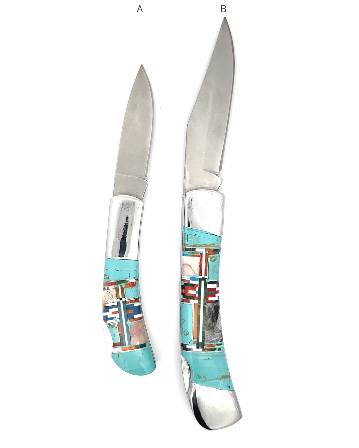 
                  
                    Two Intricate Inlay Southwest Pocket knives featuring turquoise inlay and multicolored handles. Knife A is shorter with a plain blade, while Knife B is longer with a slightly curved blade, exemplifying a distinct Southwest style.
                  
                