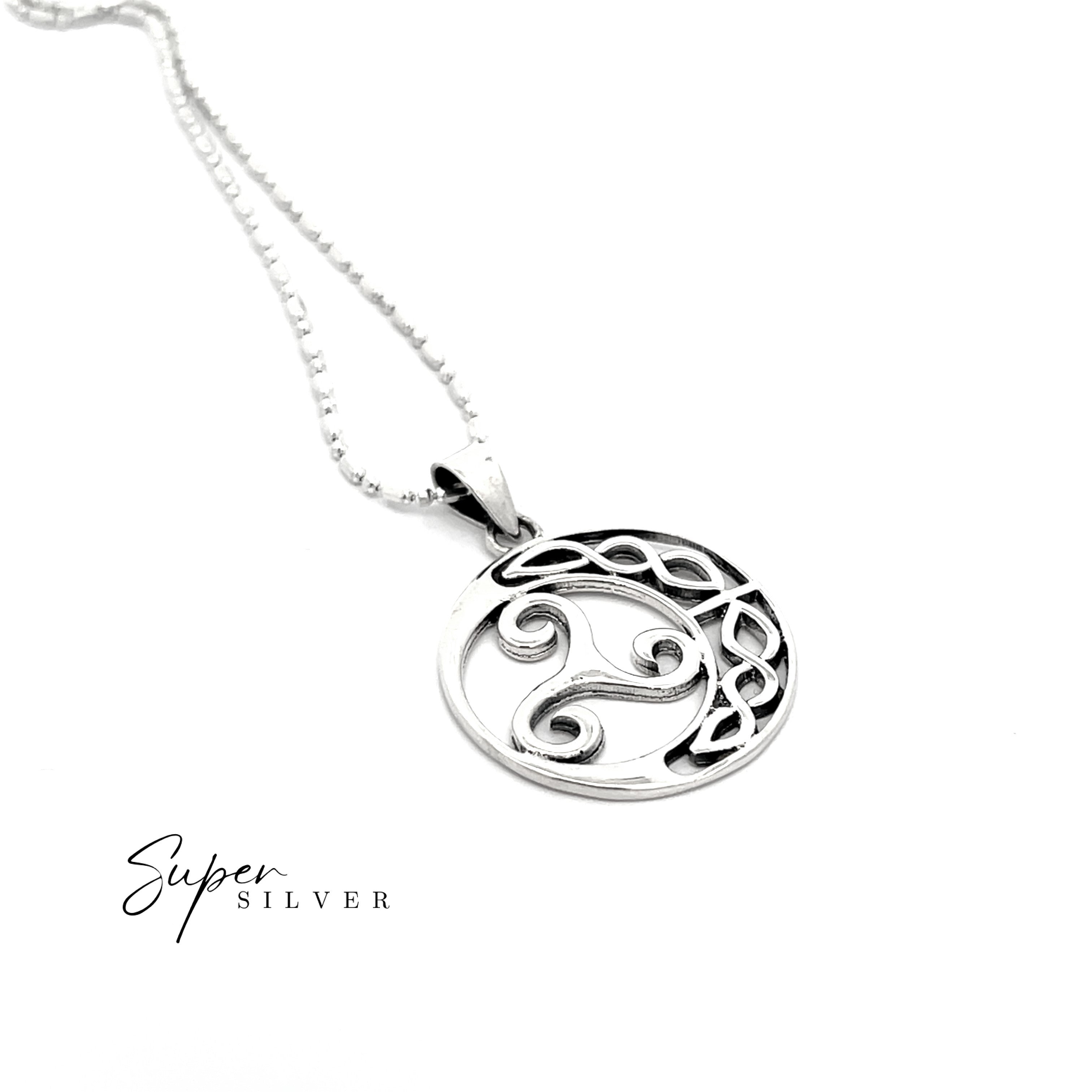 The Celtic Triskele Pendant is a sterling silver necklace with a round Celtic triskele knot and swirl design, shown on a white background with "Super Silver" in the corner.