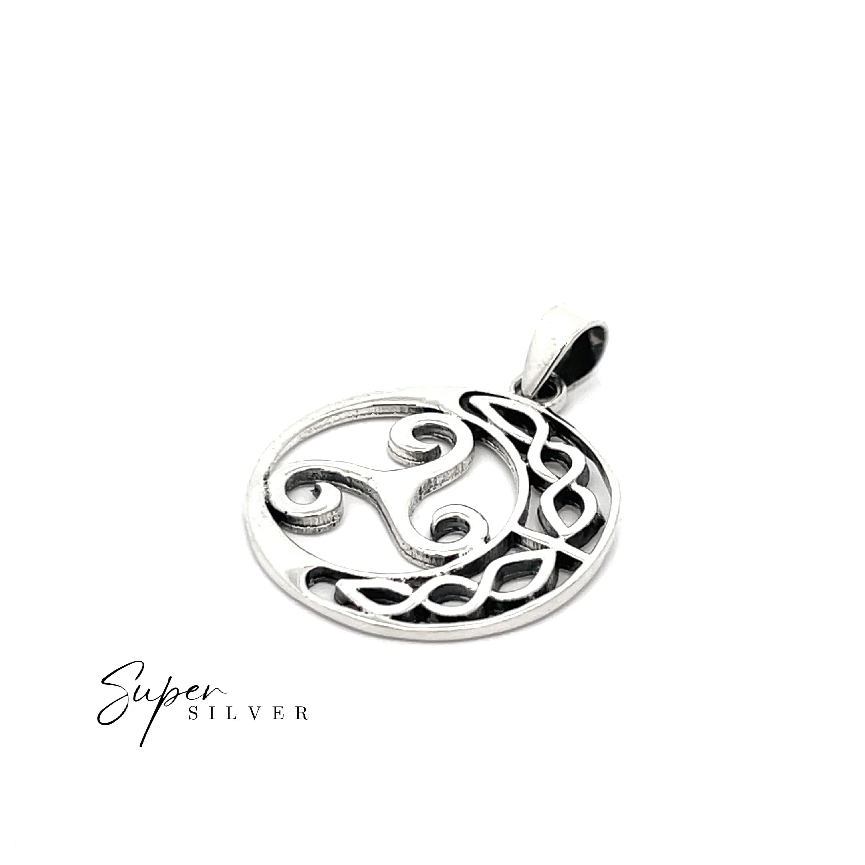 The Celtic Triskele Pendant, a silver circular piece with detailed swirl and triskele knot patterns, is displayed on a white background with the "Super Silver" logo in the lower left corner.