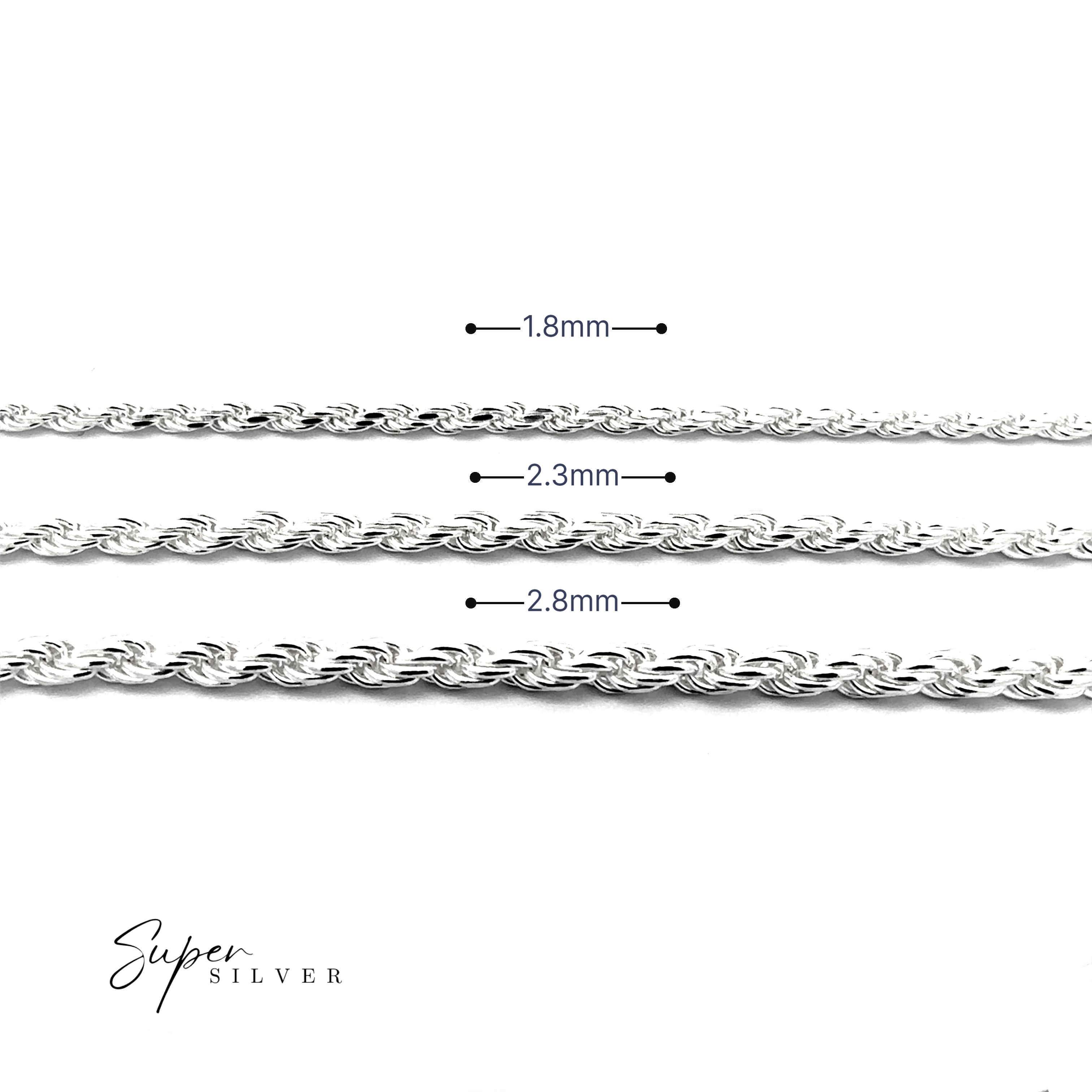 Three Italian D/C Rope Chains (1.8mm, 2.3mm, and 2.8mm) in faceted sterling silver are displayed horizontally on a white background, with measurements shown above each chain.