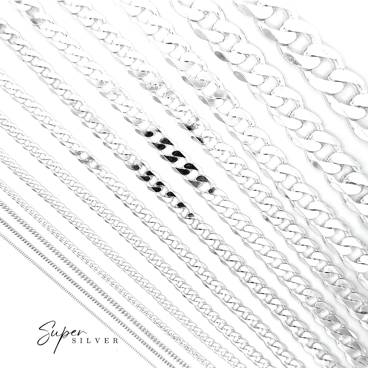 Sterling Silver Italian Curb Chains in various link styles and thicknesses are arranged diagonally on a white background. The words “Super Silver” appear in the bottom left corner.