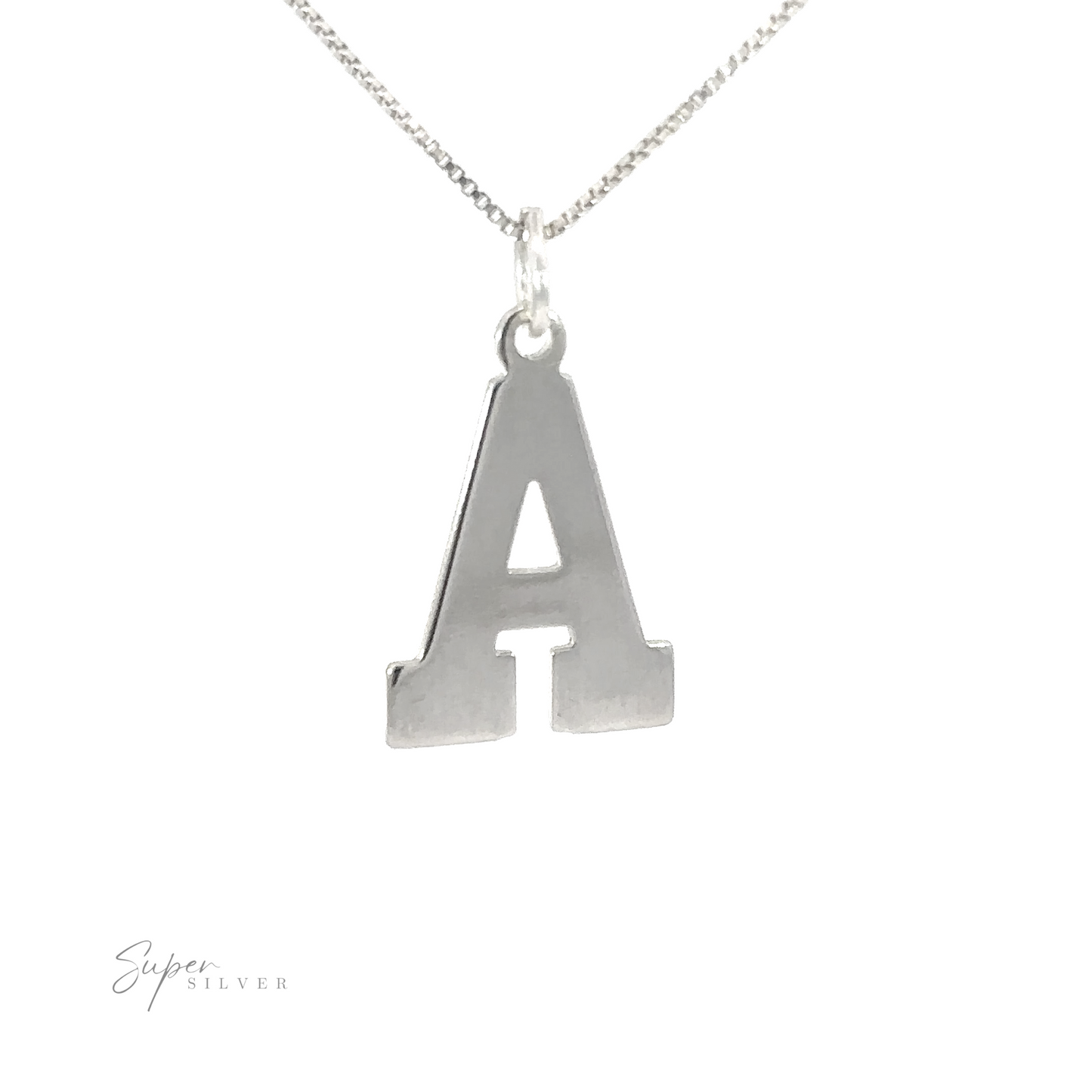 A stunning silver letter necklace on a chain, featuring .925 Sterling Silver and offering personalization with Alphabet Charms.
