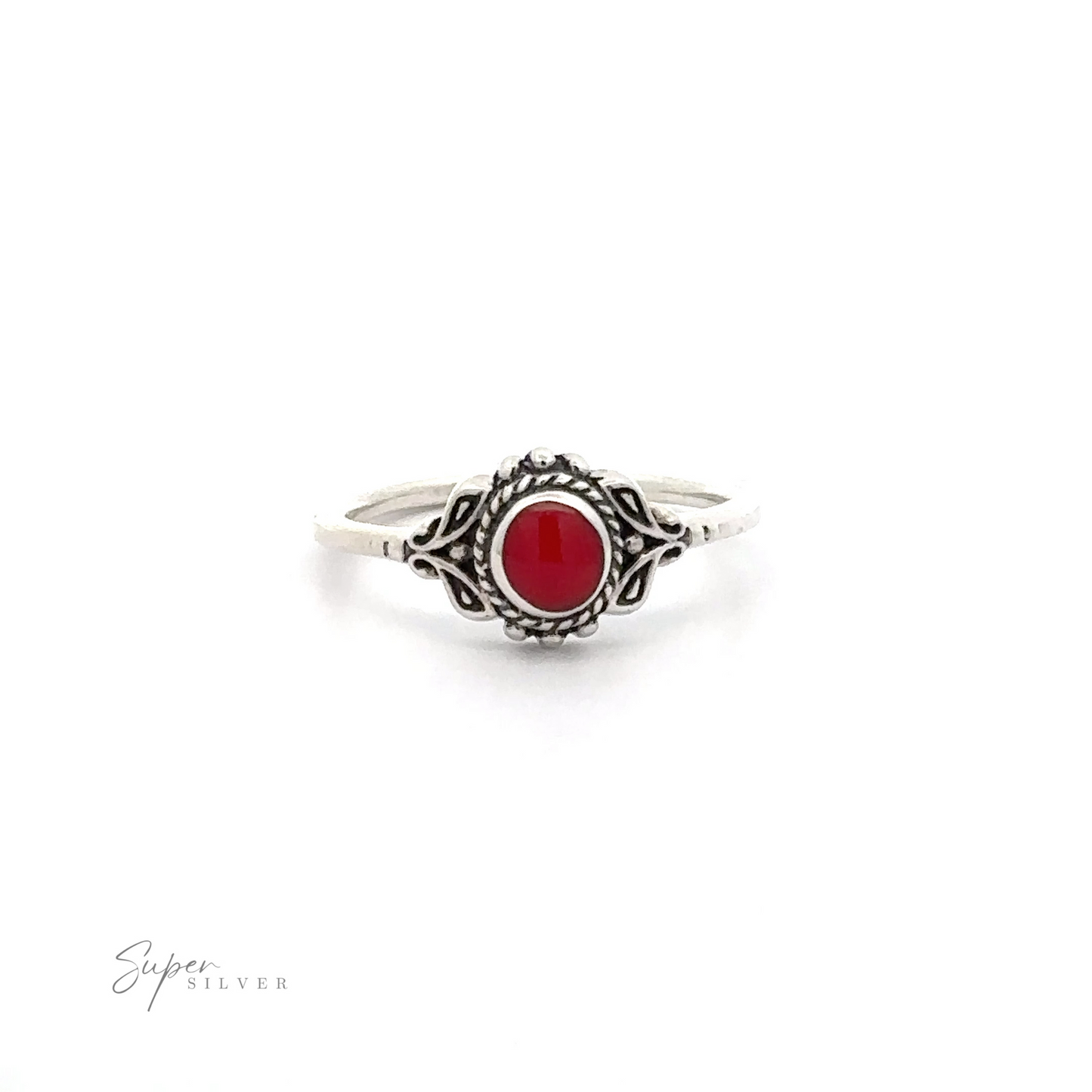 
                  
                    A Dainty Inlaid Stone Ring with Filigree with a red stone.
                  
                