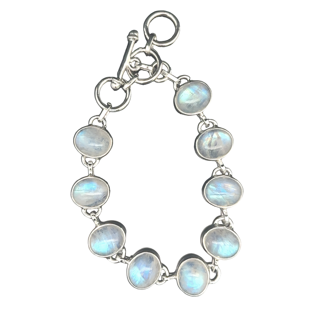 
                  
                    Statement Oval Gemstone Bracelets featuring oval moonstone gems linked by metallic clasps, isolated on a white background.
                  
                