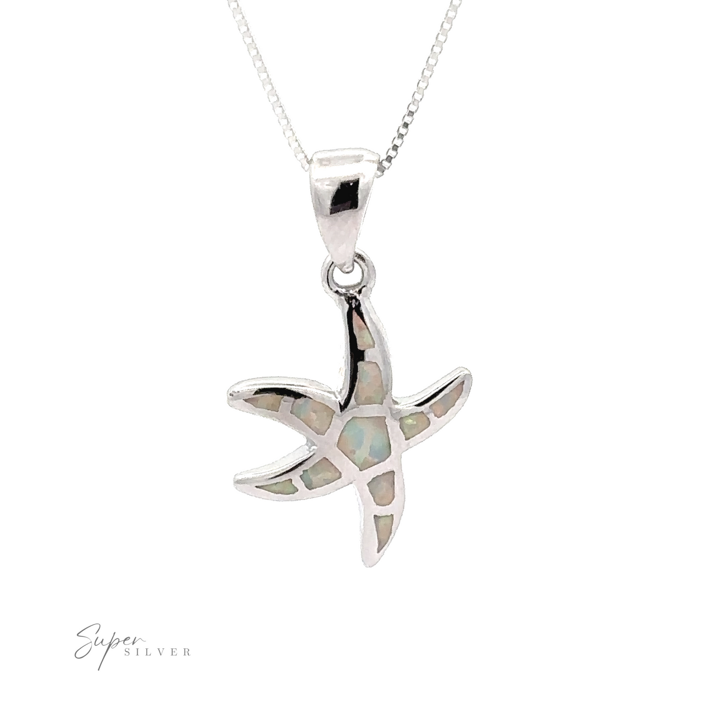 
                  
                    The Lab-Created Opal Sea Star Pendant, featuring an enchanting inlaid abalone design on a delicate silver chain, captures the essence of oceanic magic and is displayed against a white background.
                  
                