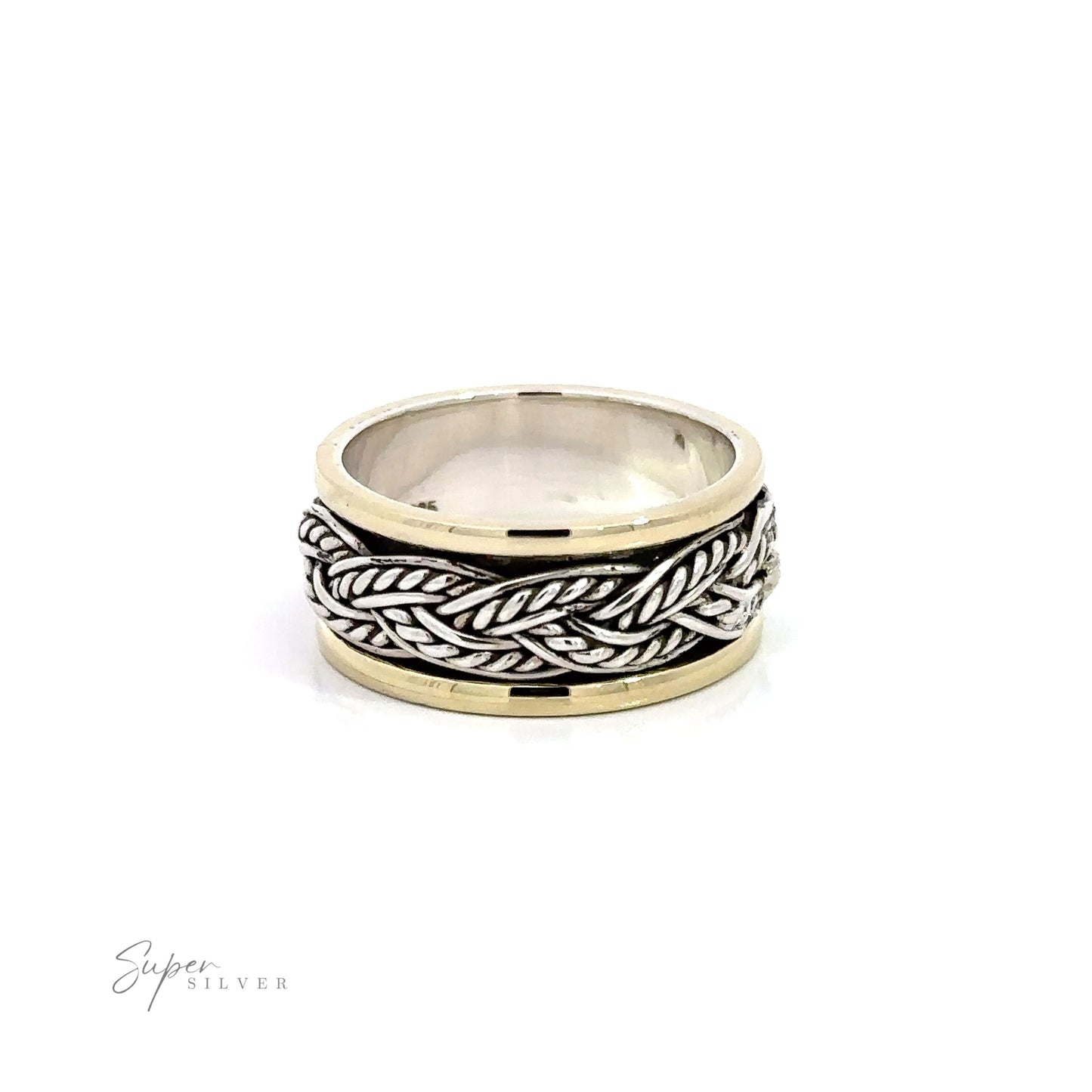 A silver and gold-plated Handmade Rope Spinner Ring with a braided pattern.