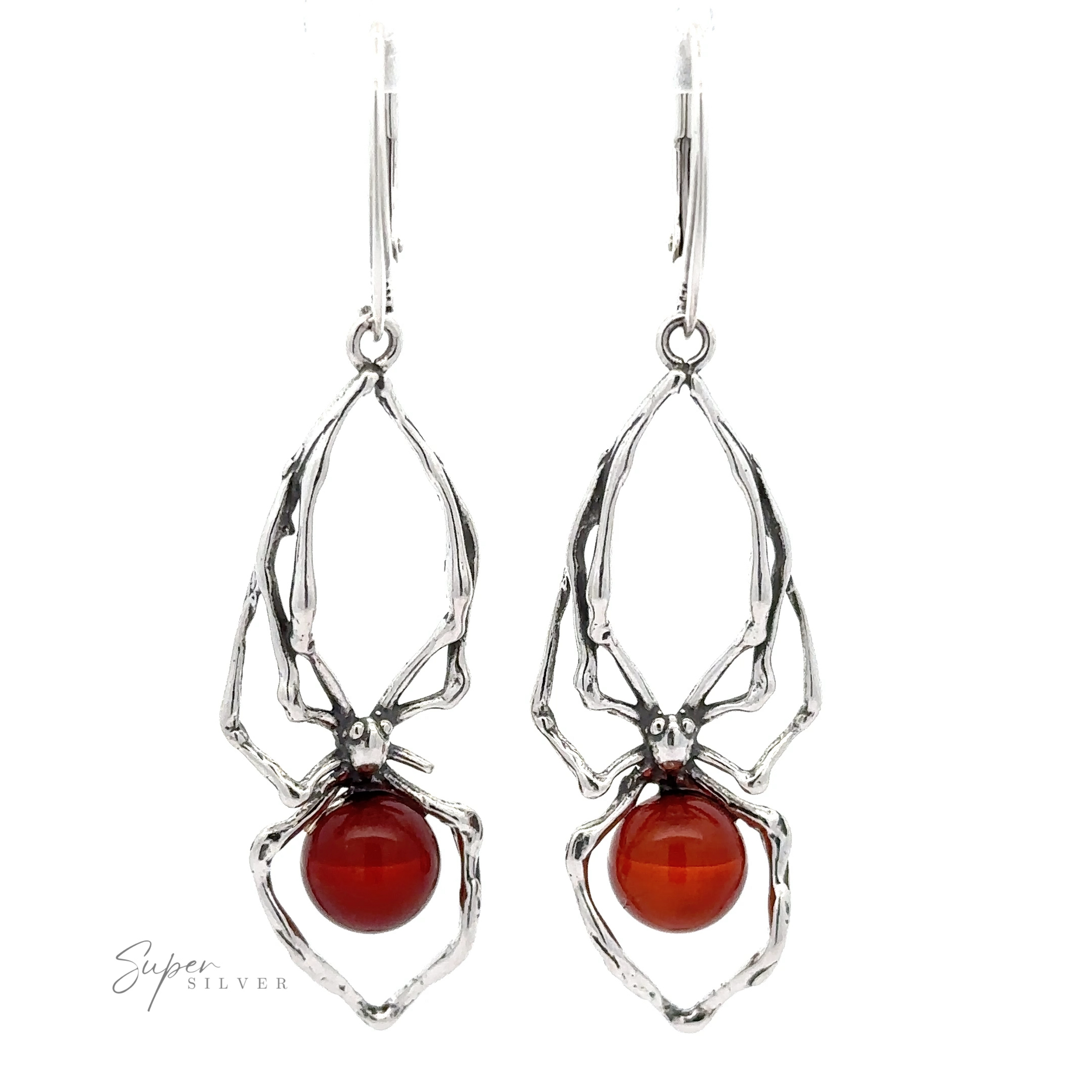 Beautiful Amber Spider Earrings with Baltic amber bodies.