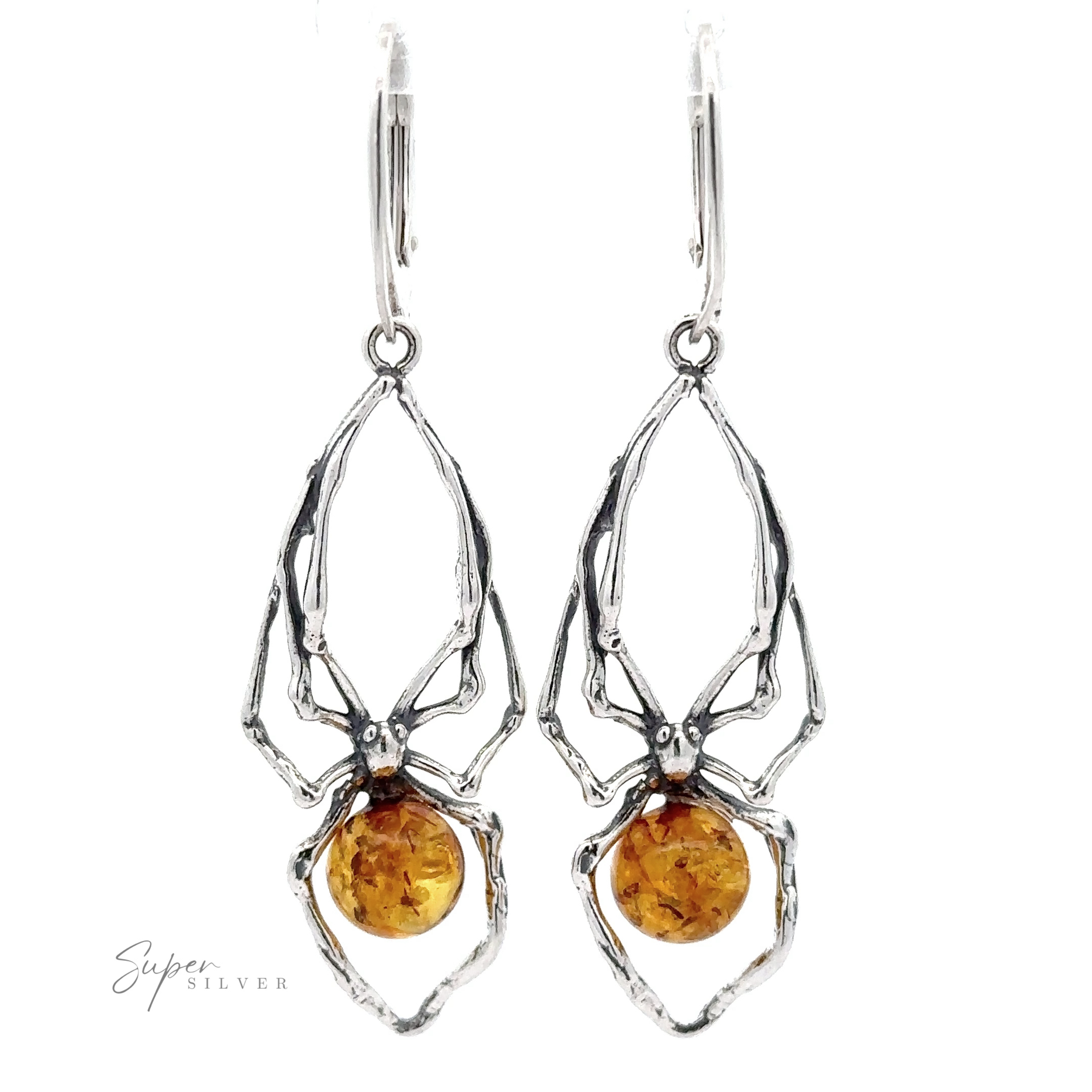 Pair of silver Beautiful Amber Spider Earrings.