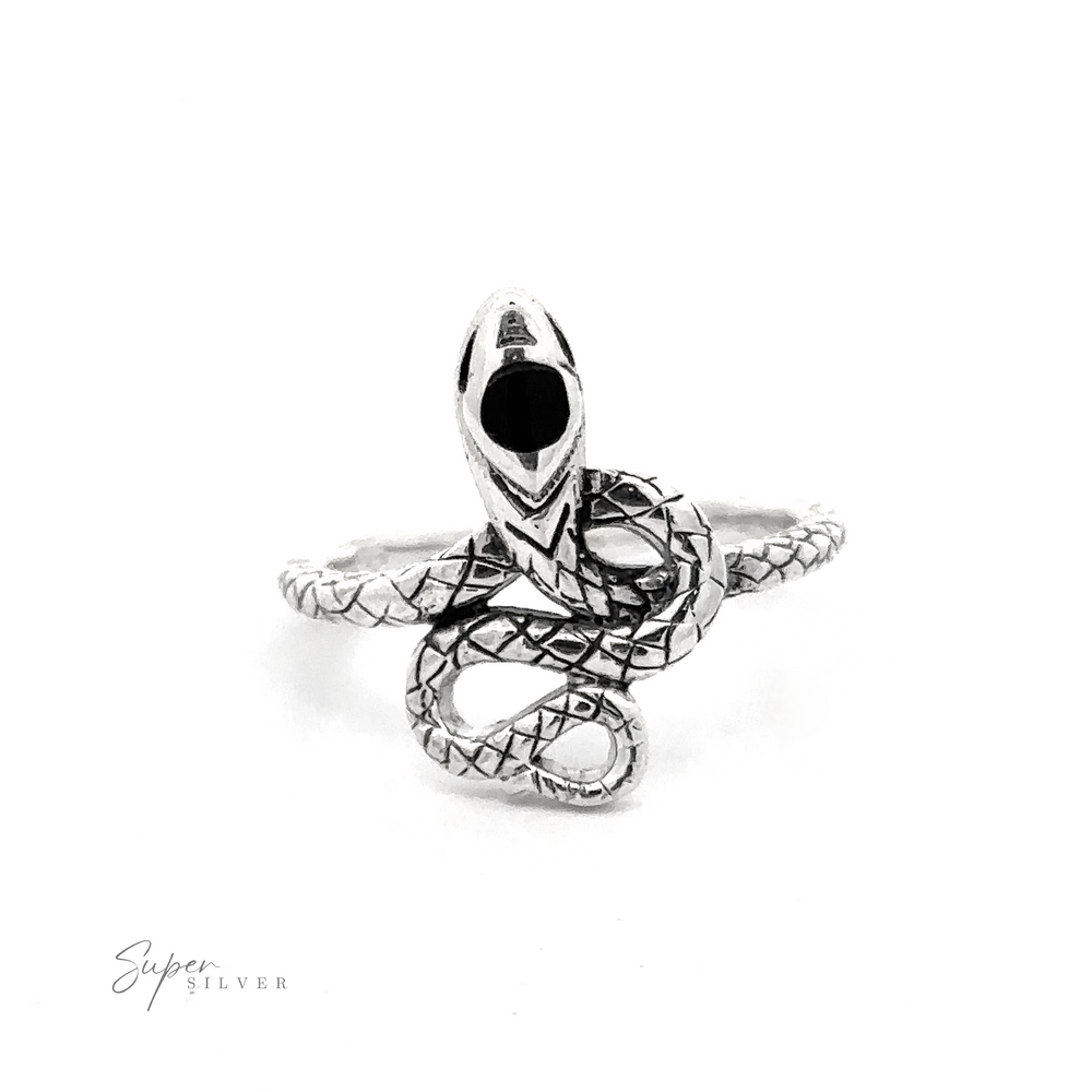 
                  
                    Presenting the Coiled Snake Ring with Inlaid Stone: a sterling silver masterpiece featuring a coiled snake design with an open mouth and intricately detailed scales, elegantly wrapped around the band. The logo "Super Silver" is proudly displayed in the bottom left corner.
                  
                