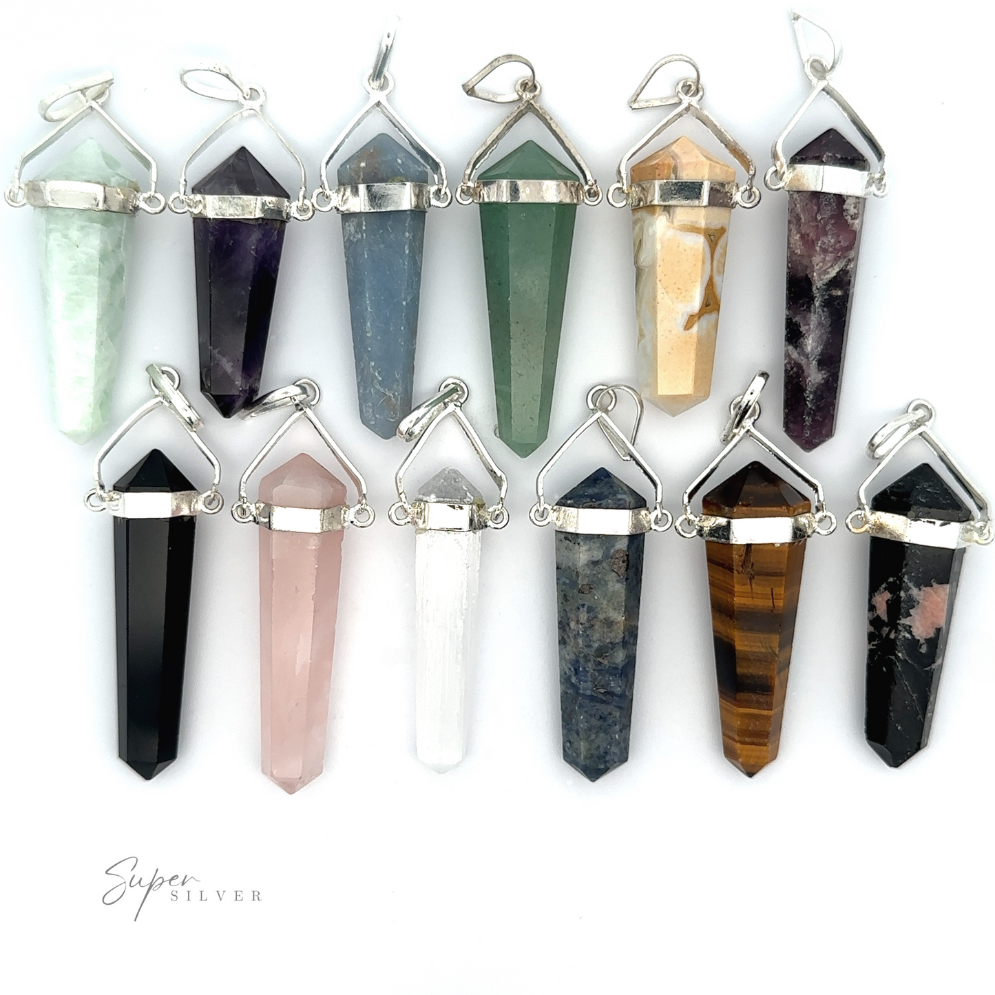 
                  
                    A collection of twelve Raw Stone Swivel Pendants in various colors and types, each with a pointed shape and silver-plated settings at the top for attaching to chains.
                  
                