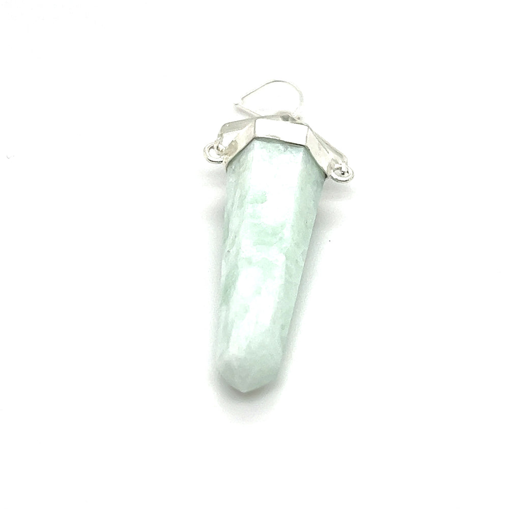 
                  
                    A Super Silver Raw Stone Swivel Pendant with a green jade stone in a silver-plated setting.
                  
                