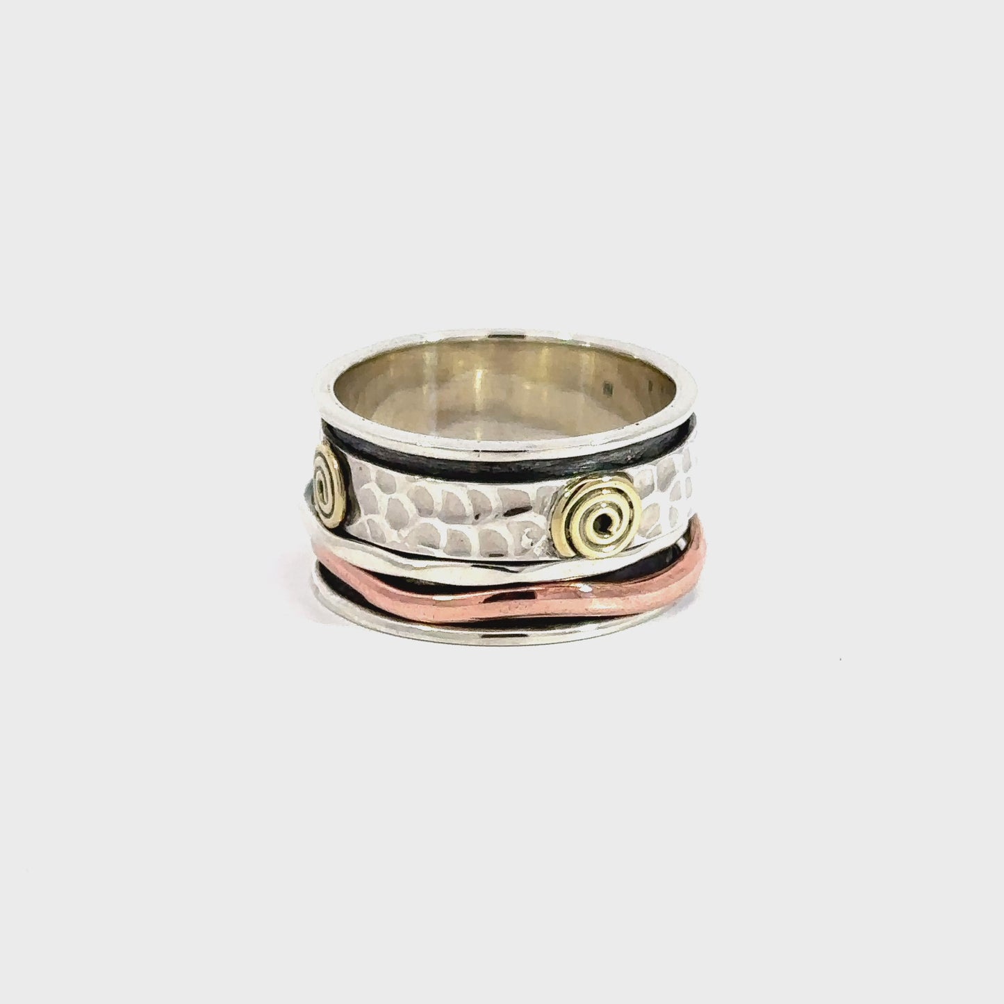 
                  
                    Load and play video in Gallery viewer, Handmade Spinner Ring with Copper and Gold Spirals
                  
                