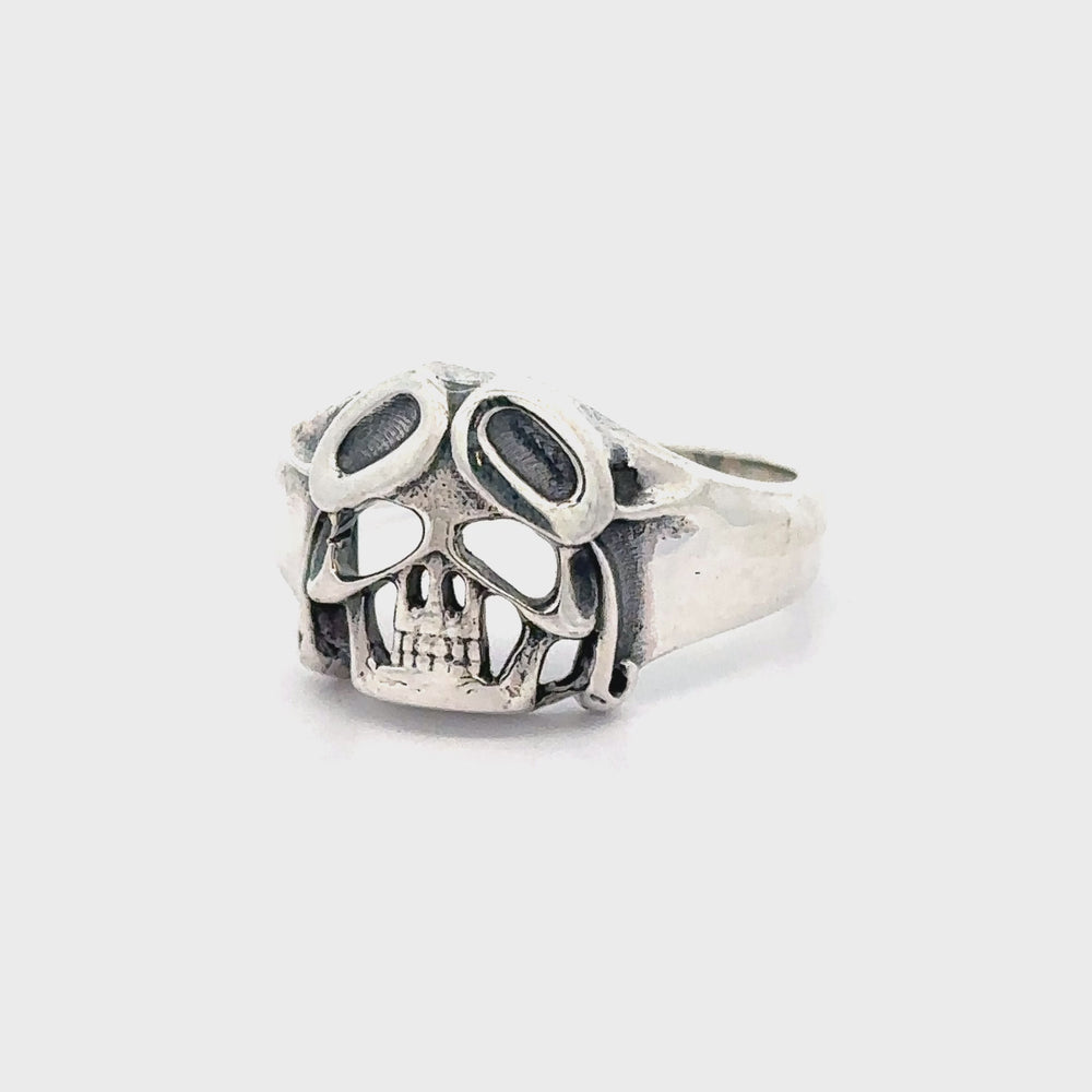 
                  
                    Load and play video in Gallery viewer, Aviator Silver Skull Ring
                  
                