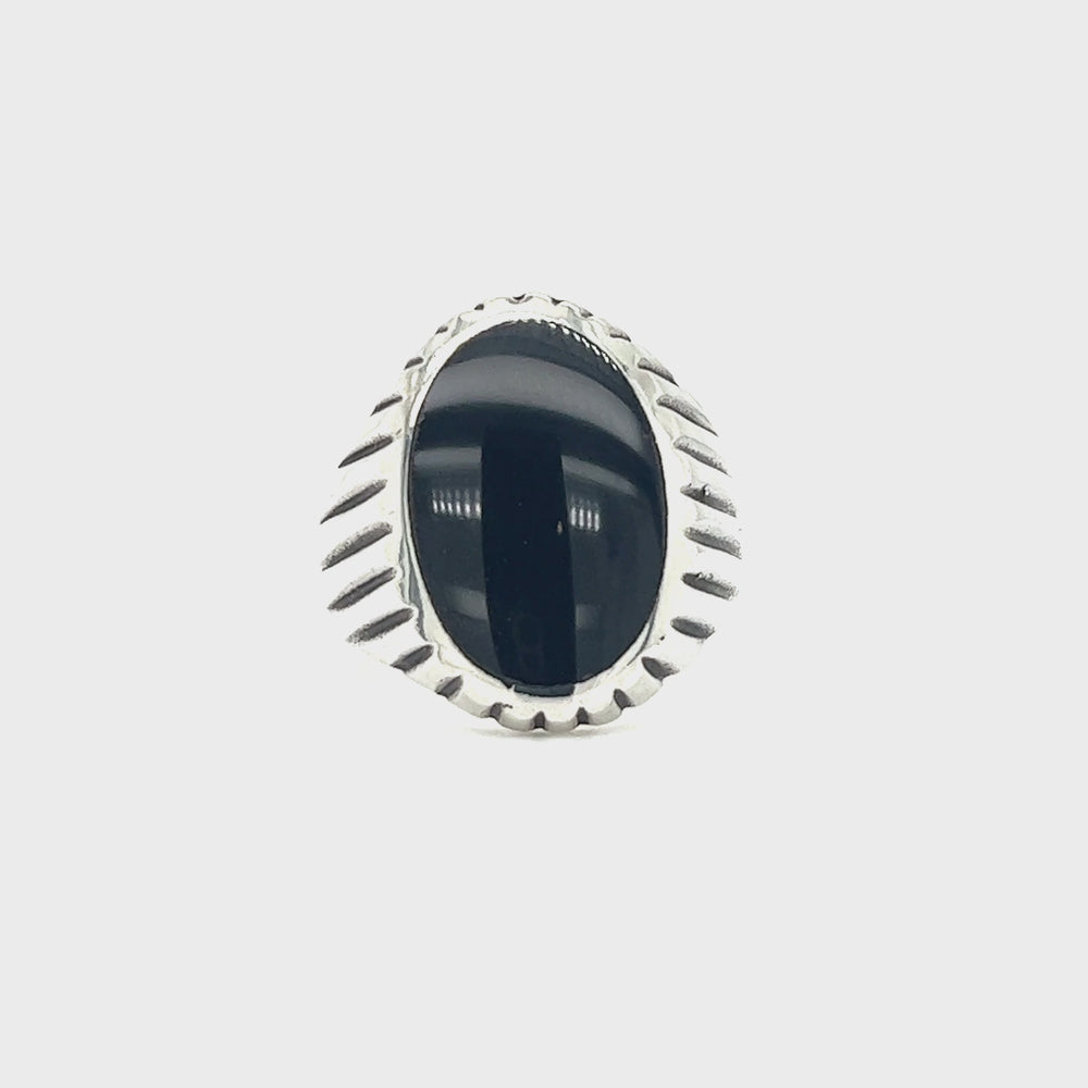 
                  
                    Load and play video in Gallery viewer, Oval Onyx Ring With Fine Oxidized Scale Pattern
                  
                