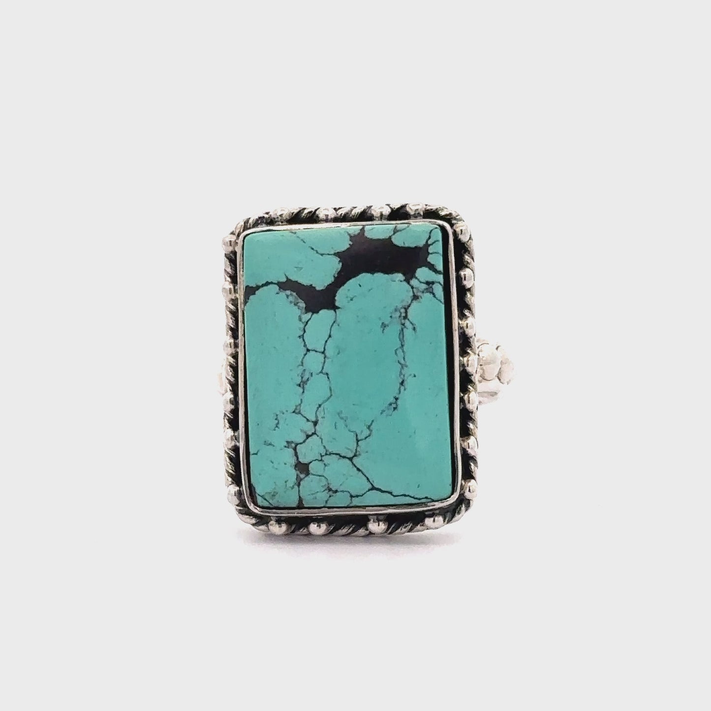 
                  
                    Load and play video in Gallery viewer, Rectangular Shape Natural Turquoise Ring With Ball Border
                  
                