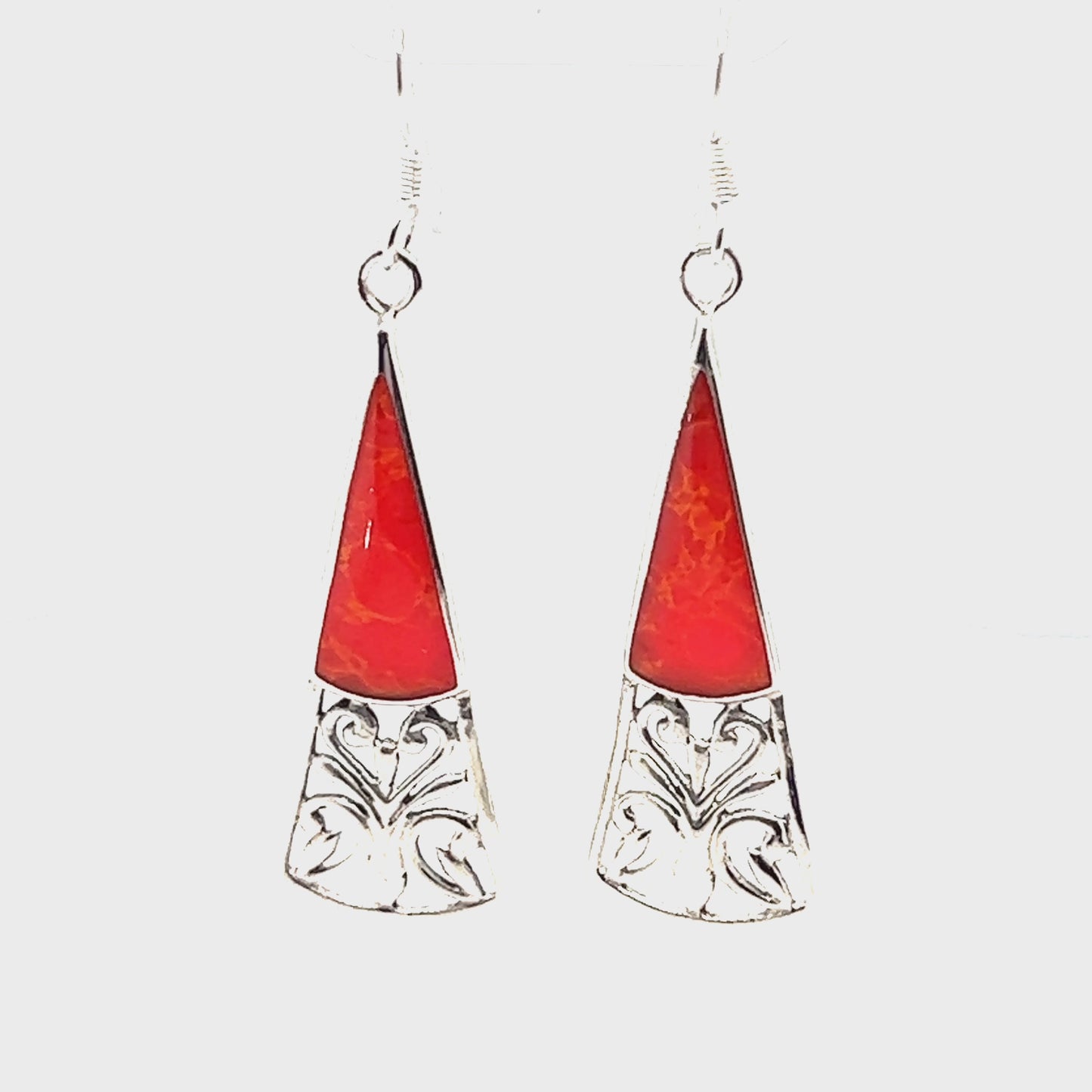 
                  
                    Load and play video in Gallery viewer, Long Triangle Filigree Earrings with Inlaid Stone
                  
                