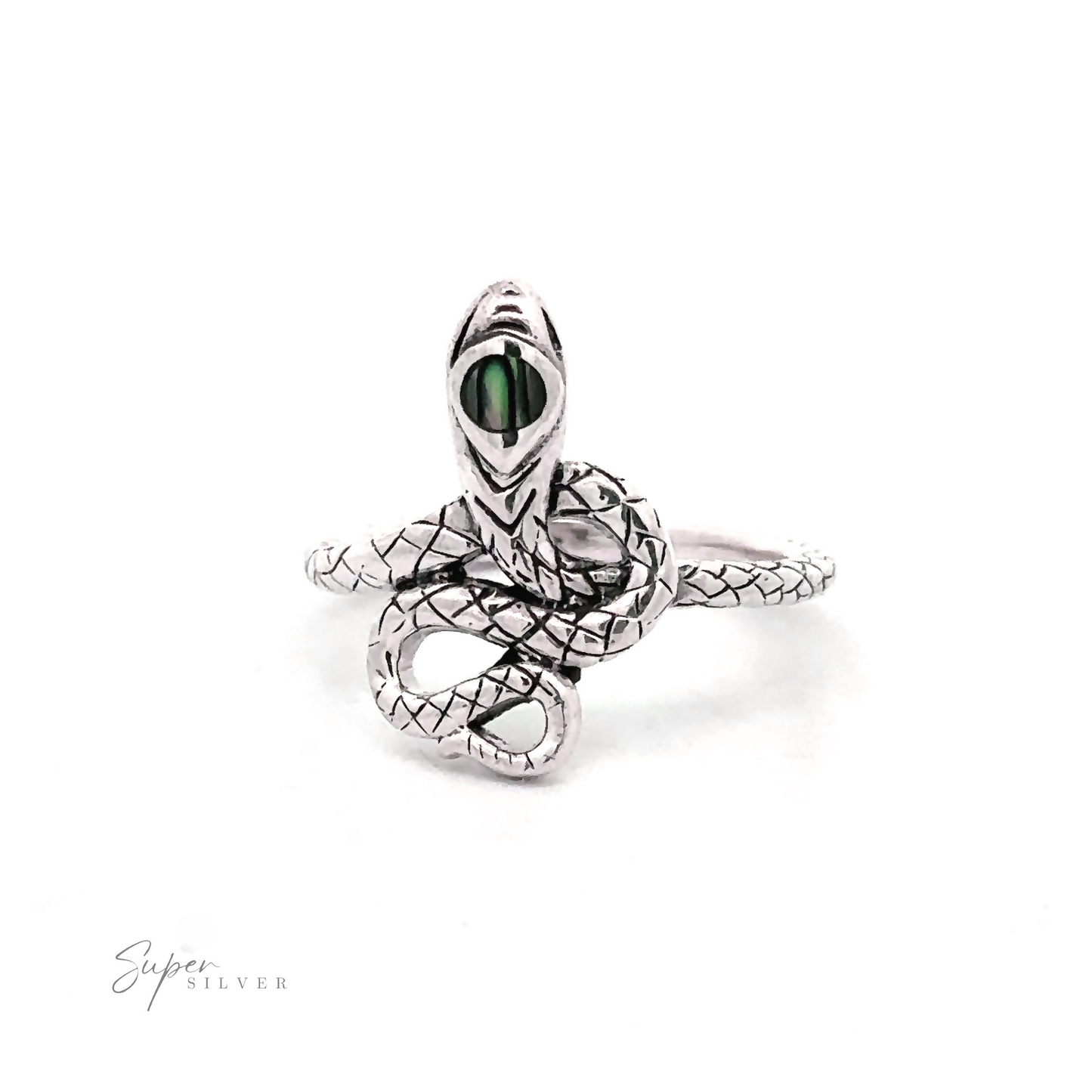 
                  
                    A sterling silver Coiled Snake Ring with Inlaid Stone, featuring a design of a coiled snake with green eye detail. The brand name "Super Silver" is visible at the bottom left. This transformation jewelry piece is set against a white background.
                  
                