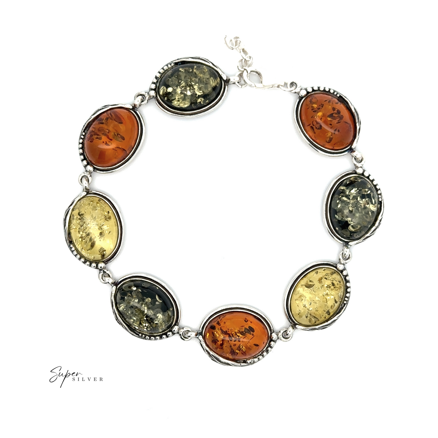 
                  
                    The Oval Amber Link Bracelet With Leaf Detail exudes classic elegance, showcasing oval stones in shades of amber, yellow, and green set in silver links.
                  
                