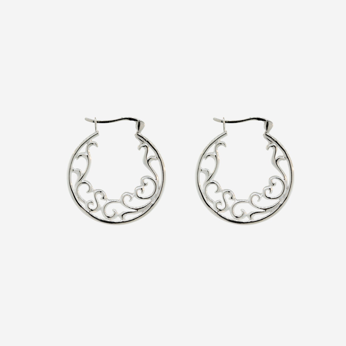 
                  
                    A pair of Open Filigree Hinge Hoop earrings by Super Silver, with ornate floral designs, perfect for everyday wear.
                  
                