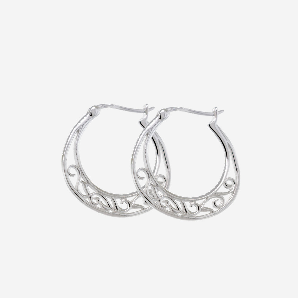 
                  
                    A pair of Super Silver Simple Open Hoops with Filigree Design on a white background.
                  
                