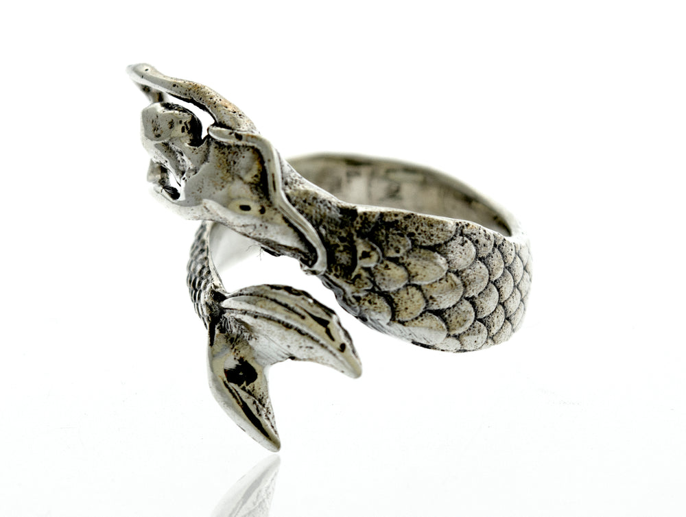 A Sterling Silver Adjustable Mermaid Ring on a white background.