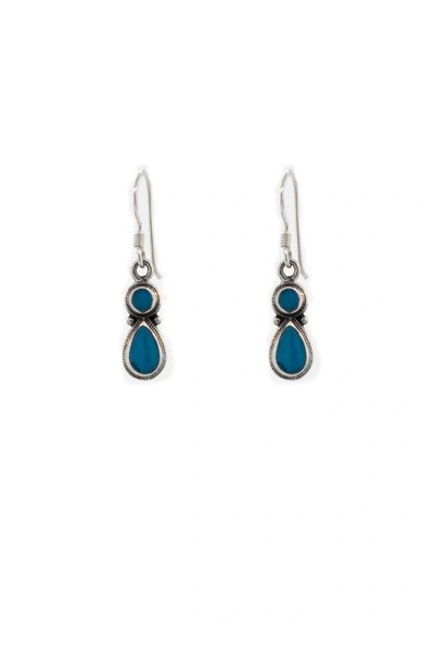 A pair of Super Silver Blue Turquoise Earrings with Circle and Teardrop Design.