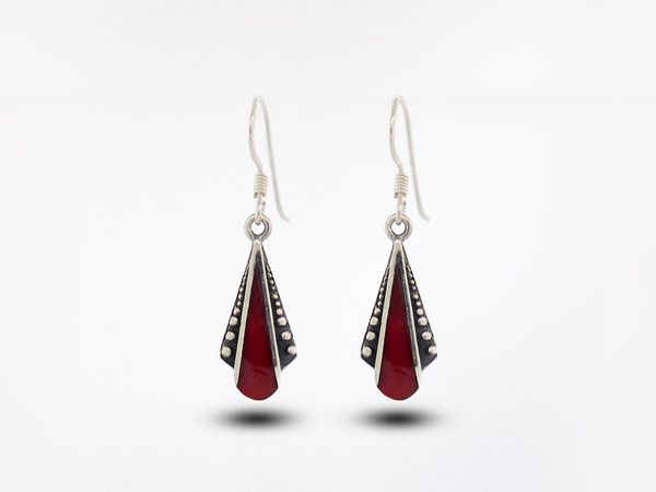 A pair of Super Silver Coral Teardrop Shaped Bali Inspired Earrings, showcased on a white background.