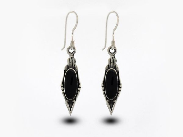 A pair of Super Silver Elegant Onyx Earrings with Oval Stone dangle earrings on a white background.