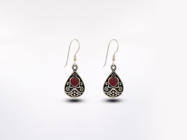 A pair of Super Silver Bali Style Teardrop Earrings with Heart Shaped Coral Stone.