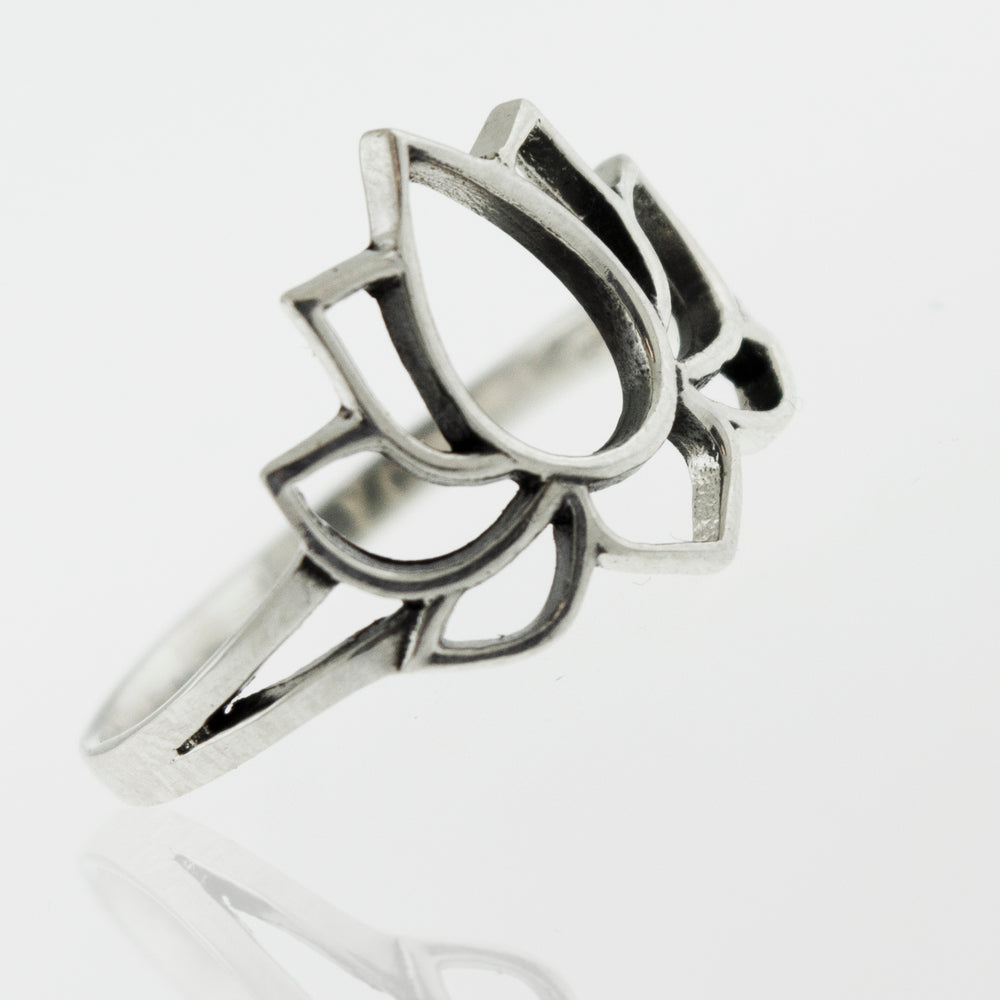 
                  
                    A minimalist sterling silver Lotus Outline Ring with a lotus flower design, inspired by nature's floral beauty.
                  
                