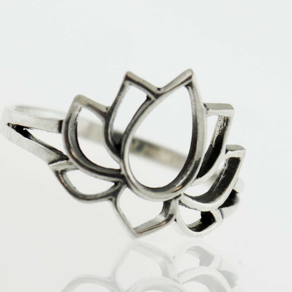 
                  
                    A minimalist silver Lotus Outline ring on a modern white surface.
                  
                