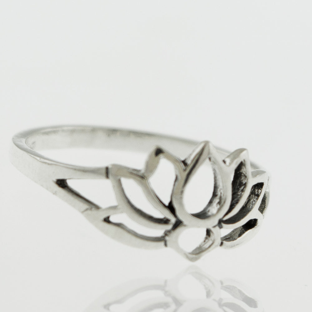
                  
                    A minimalist Delicate Lotus Outline Ring featuring a delicate lotus flower design, inspired by nature.
                  
                