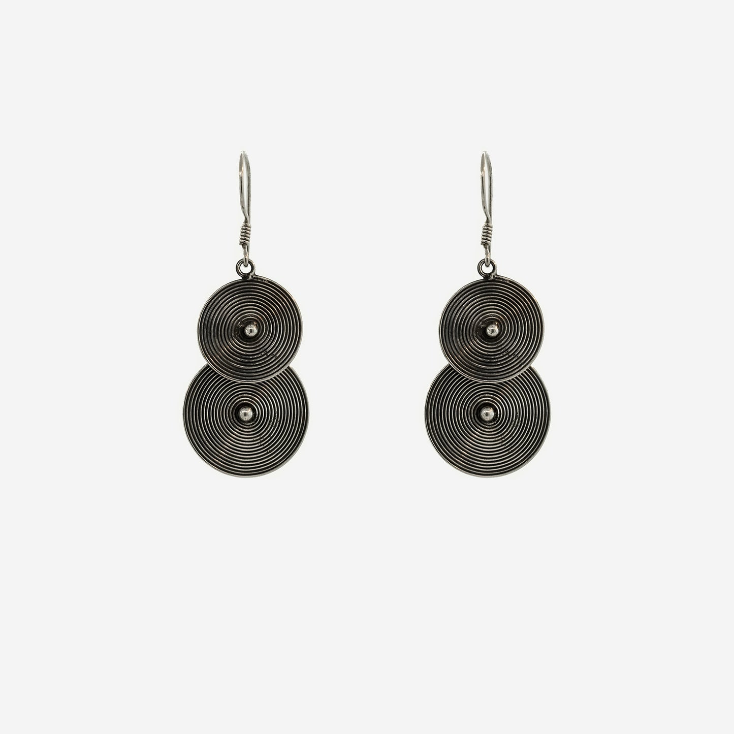 
                  
                    A pair of Super Silver Bali Earrings with Two Spiral Disks on a white background.
                  
                