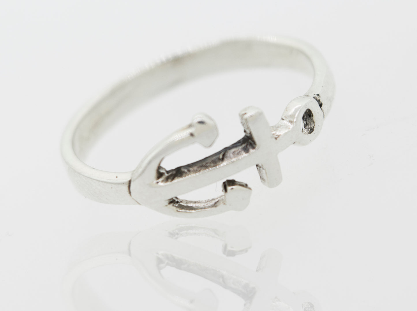 A Delicate Anchor Ring adorned with a horizontal anchor, perfect for ocean lovers, from Super Silver.