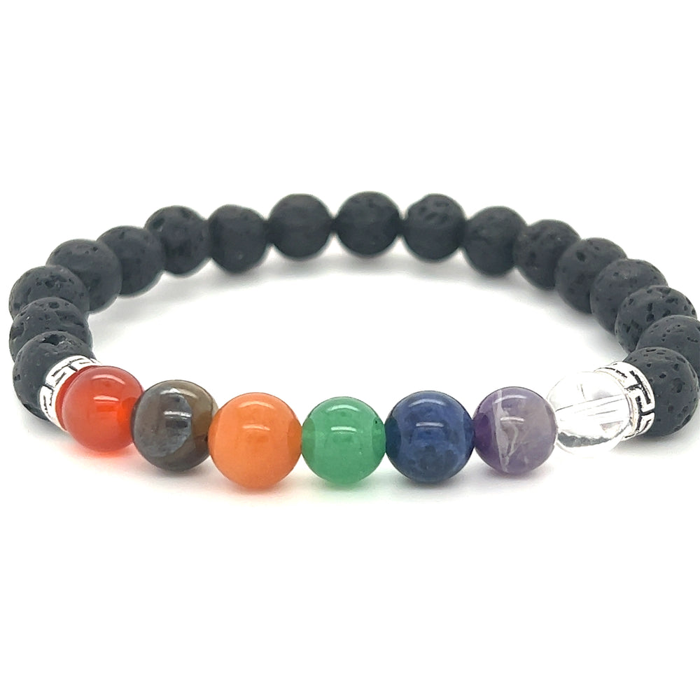 A Super Silver Essential Oil Bracelet with Lava and Chakra Stones for balance.
