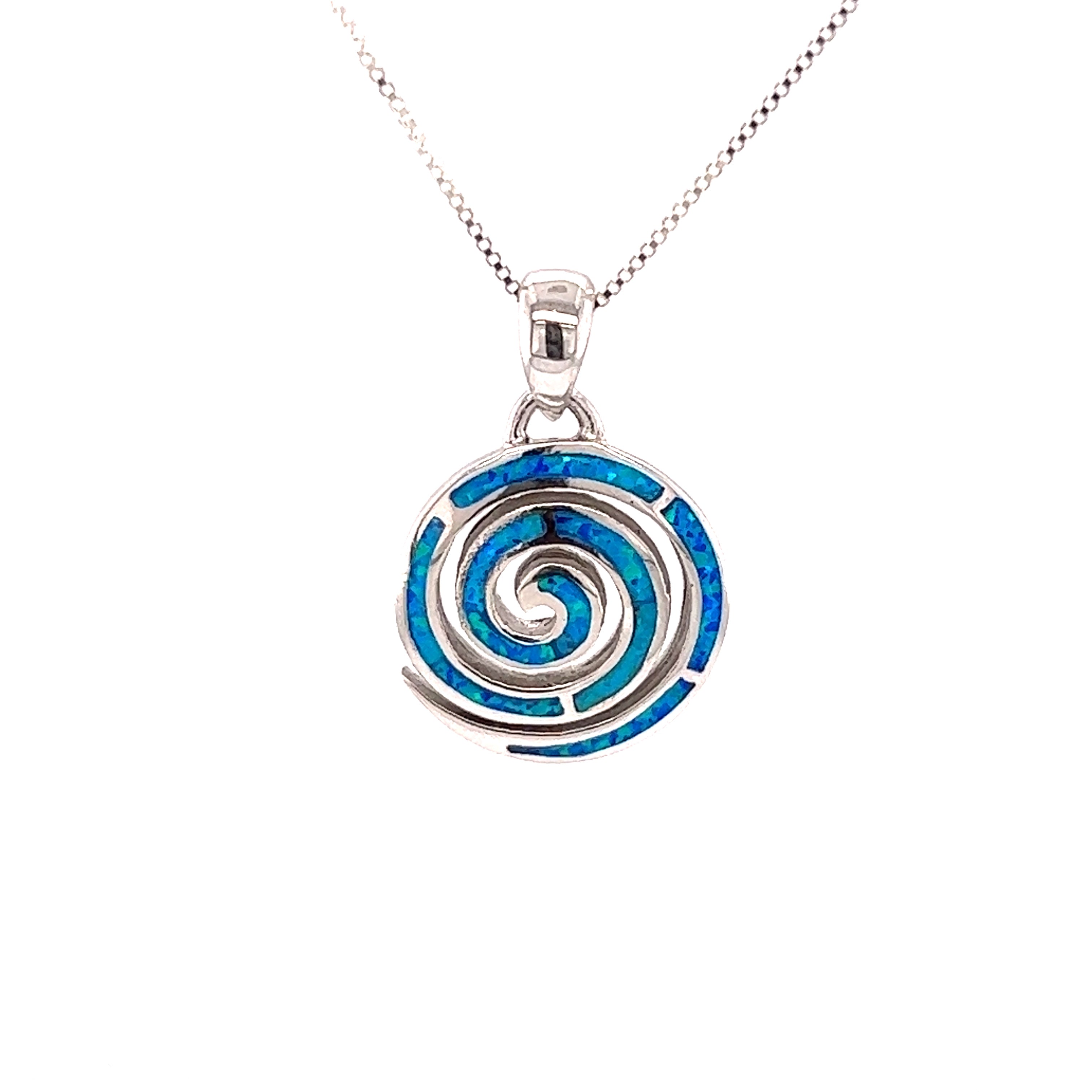A Super Silver Opal Spiral Pendant with a blue spiral design, featuring an opal centerpiece.