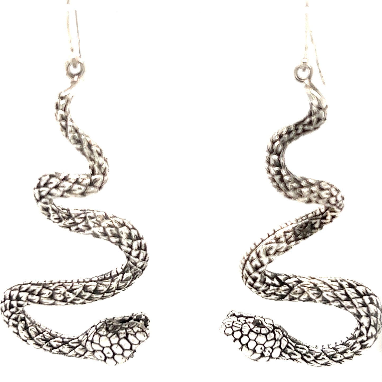 
                  
                    Handcrafted Super Silver Long Twisting Snake Earrings on a white background.
                  
                