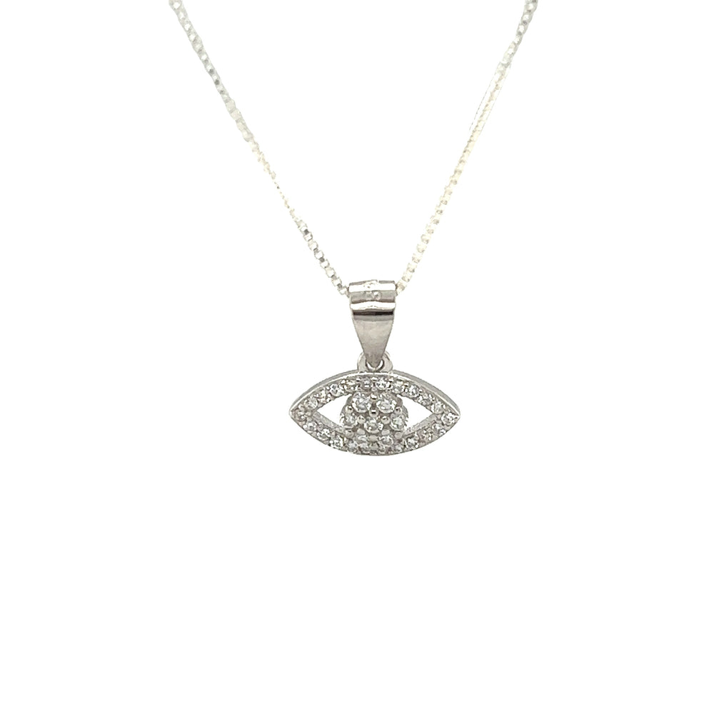 A stunning Evil-Eye Cubic Zirconia Pendant necklace adorned with shimmering diamonds on a delicate chain by Super Silver.