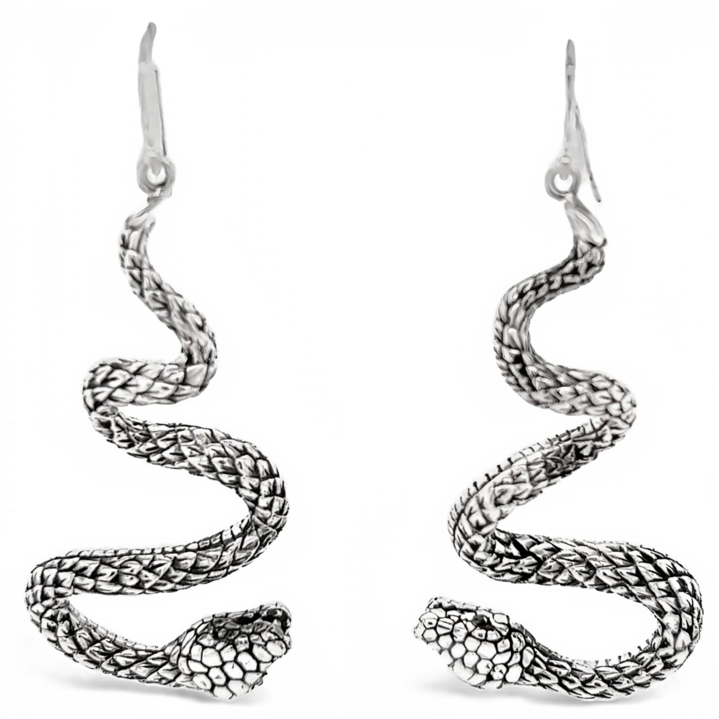 Handcrafted Super Silver Long Twisting Snake Earrings on a white background.