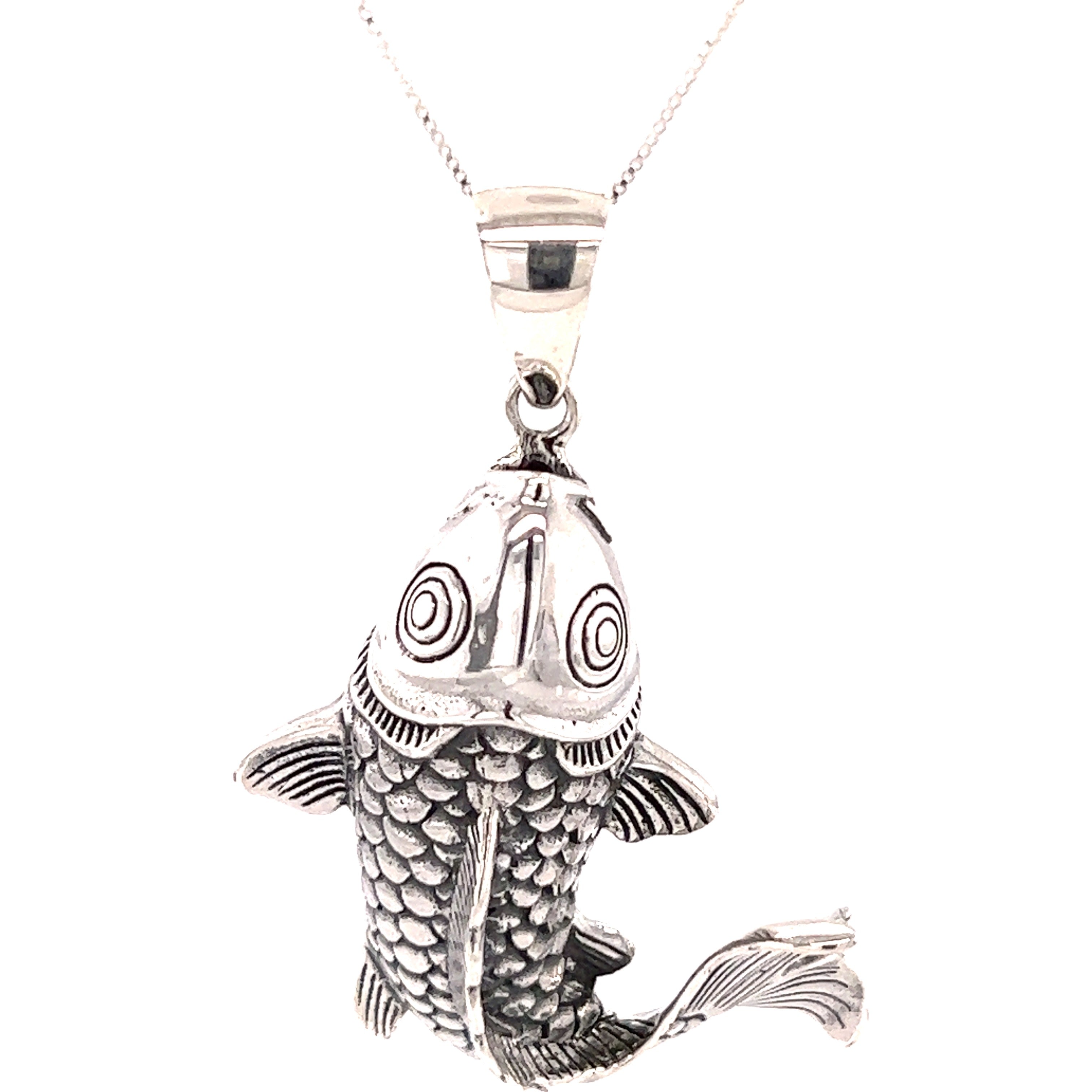 A Super Silver handcrafted Koi Fish Pendant on a chain.