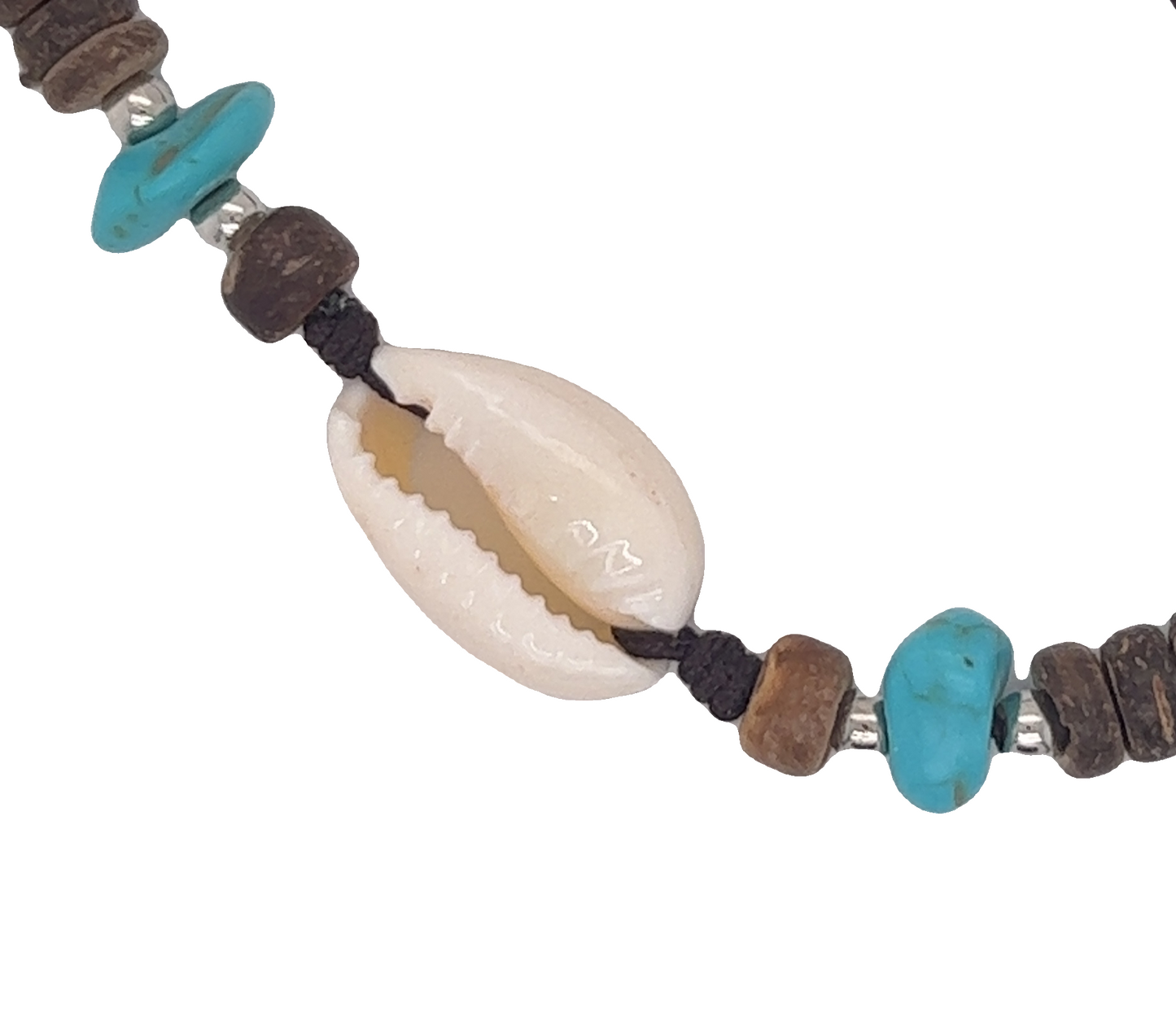 A stretchable band Cowrie Shell Beaded Bracelet with turquoise beads and wooden beads by Super Silver.