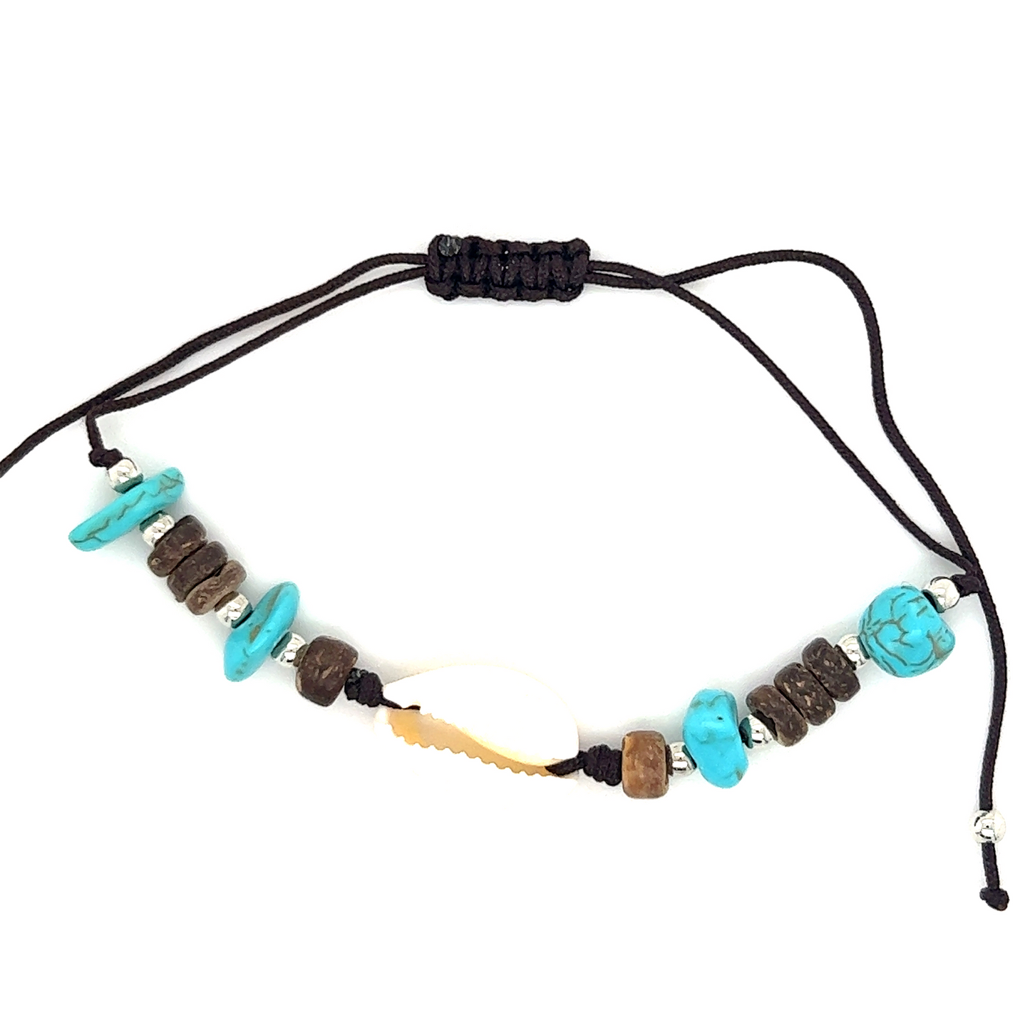 A Super Silver Cowrie Shell Beaded Bracelet adorned with turquoise beads and accentuated with hints of brown and black beads.