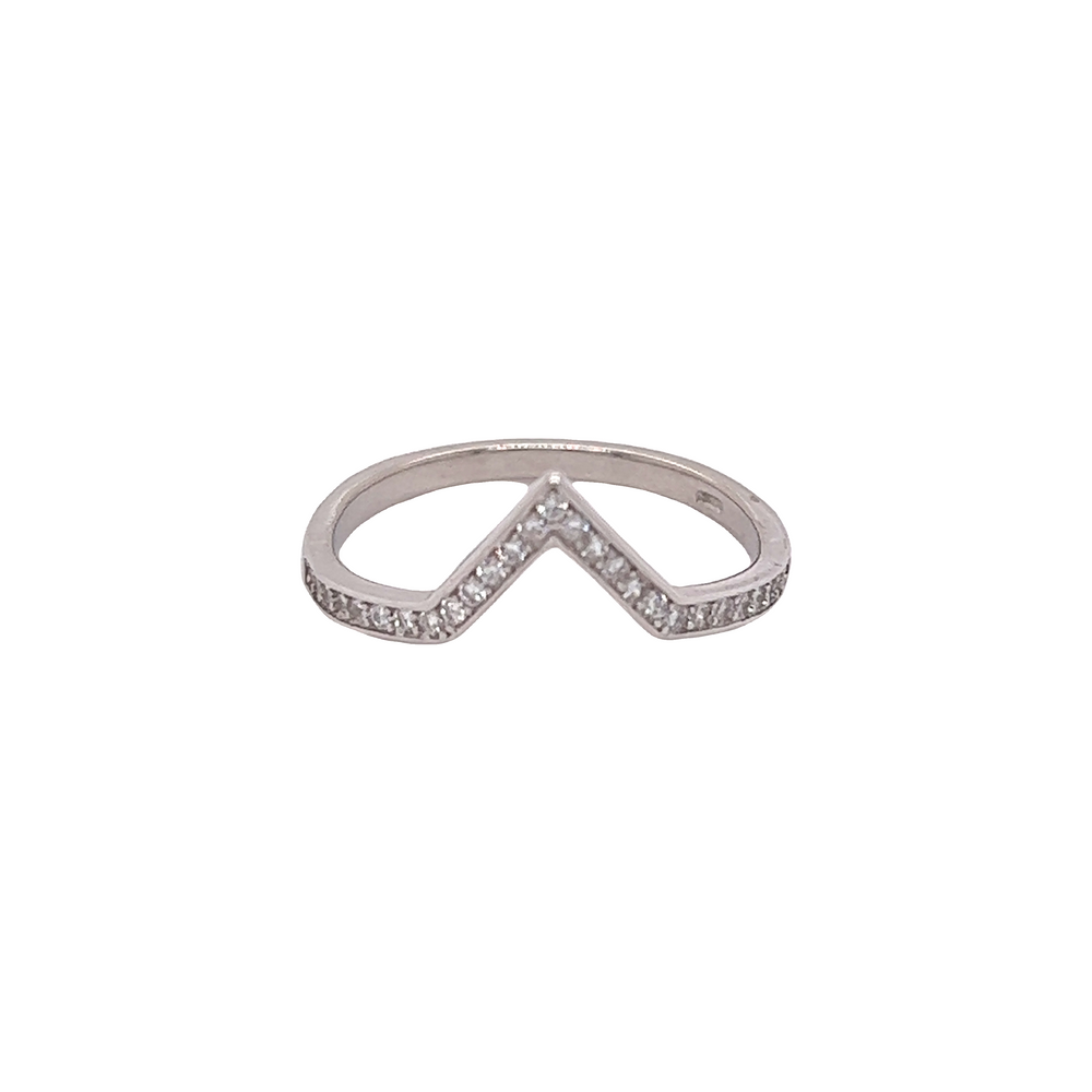
                  
                    A Channel Set Cubic Zirconia Chevron Ring with diamonds in the shape of a chevron.
                  
                