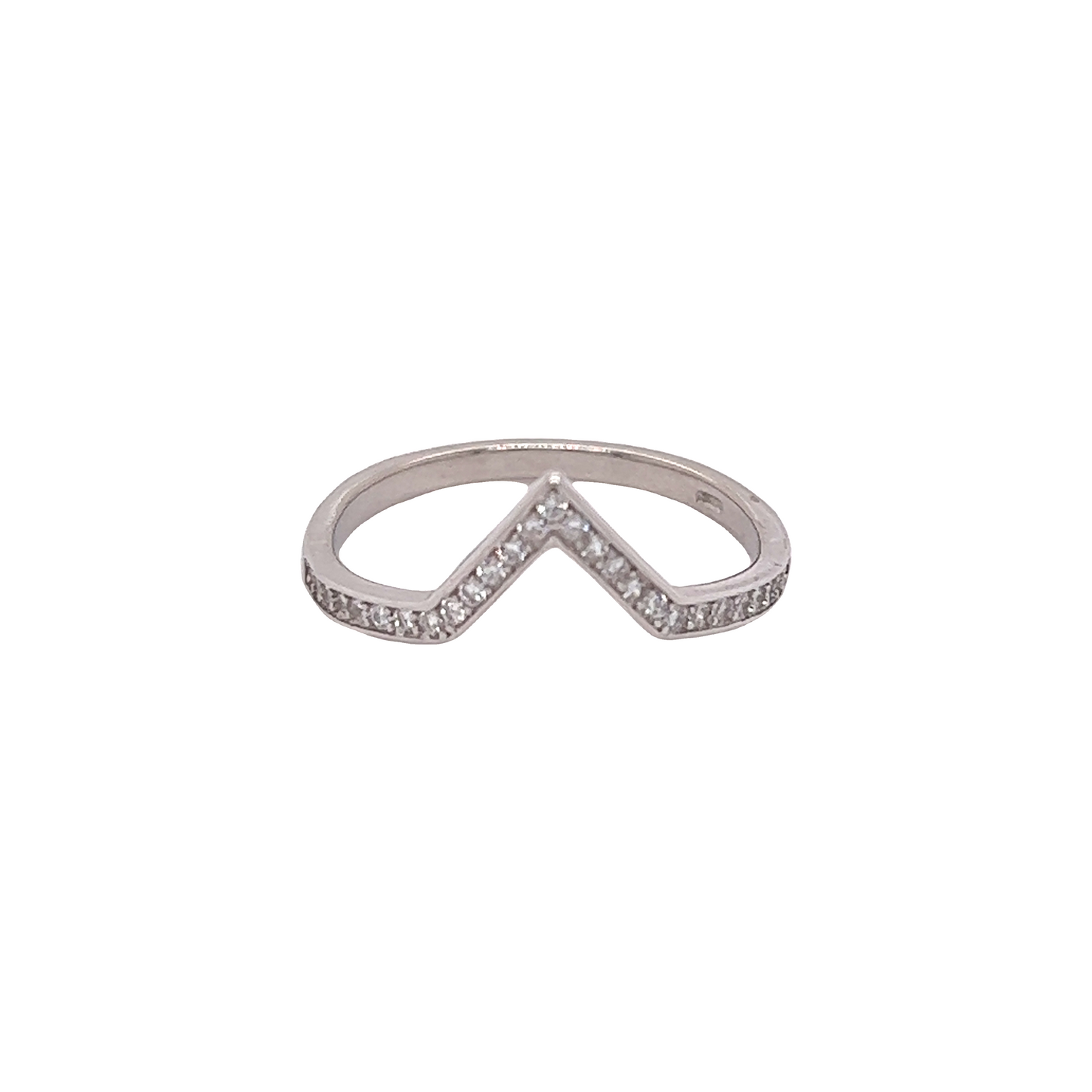 
                  
                    A Channel Set Cubic Zirconia Chevron Ring with diamonds in the shape of a chevron.
                  
                