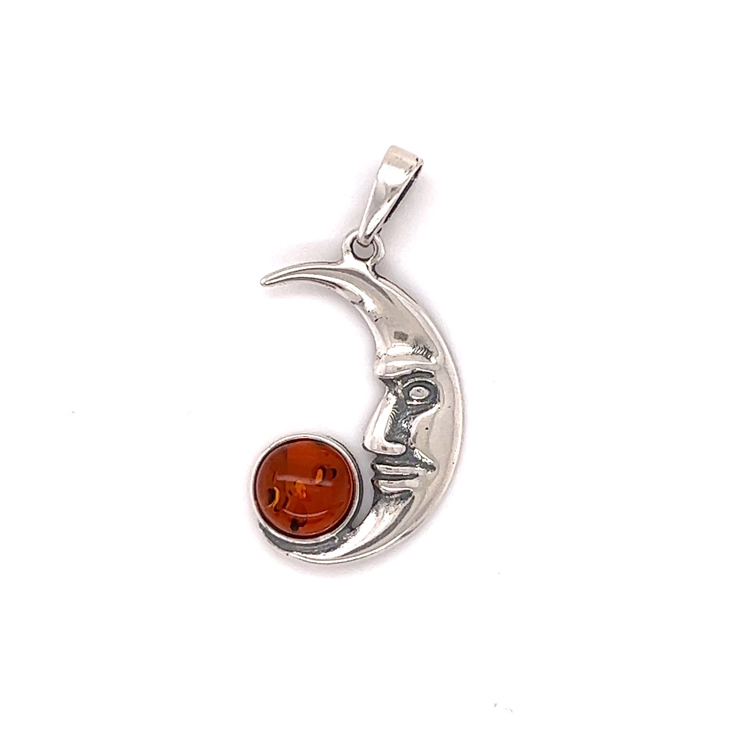 This Super Silver pendant features a captivating crescent moon design adorned with an exquisite Baltic Amber Man in the Moon stone.