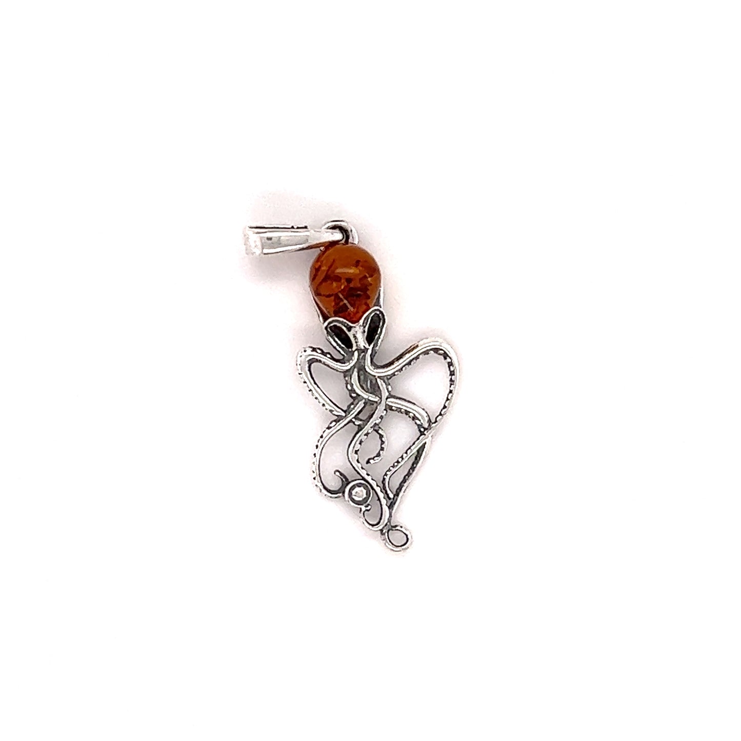A Whimsical Amber Octopus Pendant with a silver bead on it, made by Super Silver.