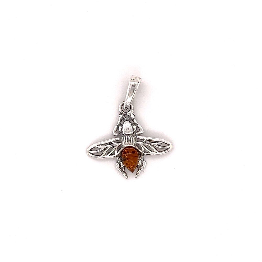 
                  
                    A Delicate Amber Bee Pendant with an orange stone, perfect for jewelry enthusiasts, from Super Silver.
                  
                